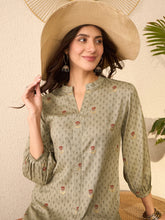 Women Grey Cotton Blend Floral Printed Regular Top-VT1399